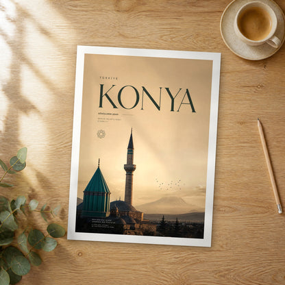 Unframed Konya bold typography travel poster on a wooden table