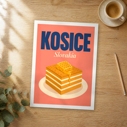 Unframed Kosice pop art travel poster on a wooden table