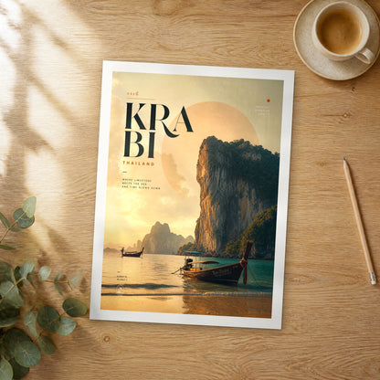 Unframed Krabi bold typography travel poster on a wooden table