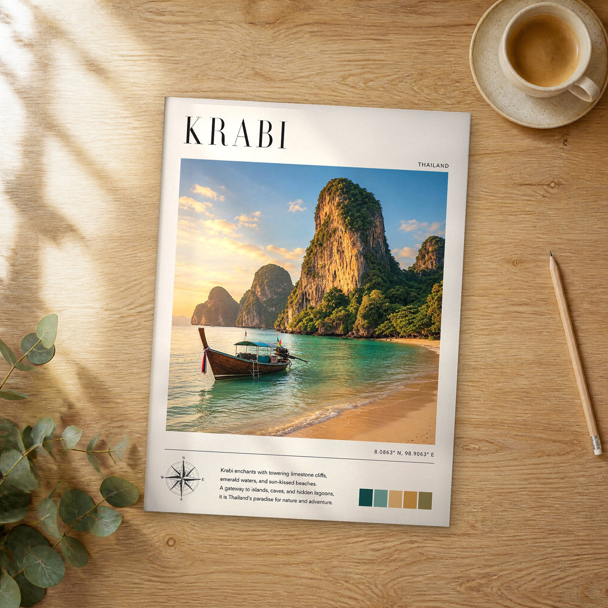 Unframed Krabi modern photography travel poster on a wooden table