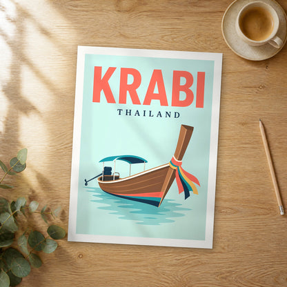 Unframed Krabi pop art travel poster on a wooden table