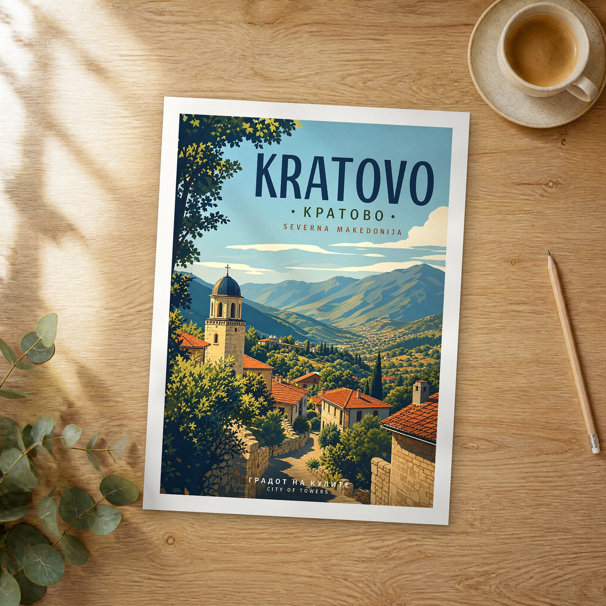 Unframed Kratovo retro travel poster on a wooden table