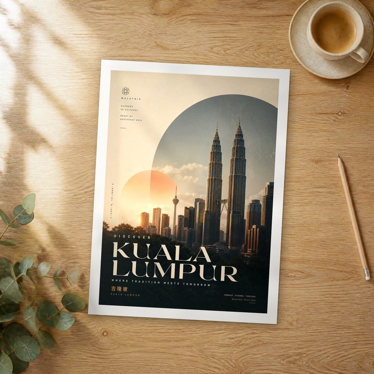 Unframed Kuala Lumpur bold typography travel poster on a wooden table