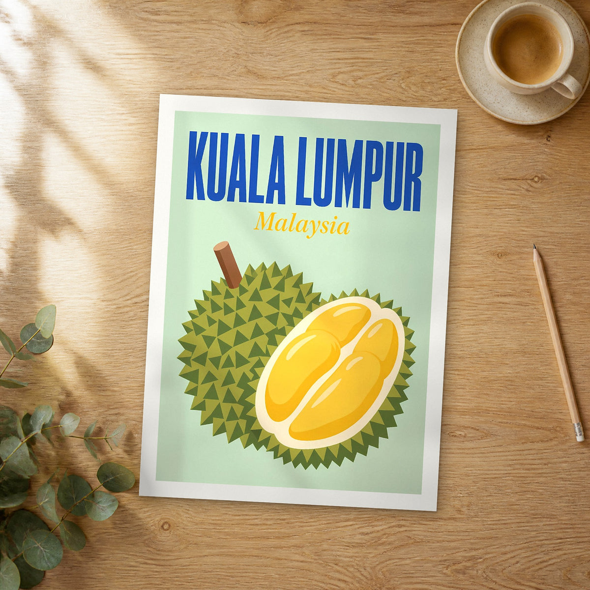 Unframed Kuala Lumpur pop art travel poster on a wooden table