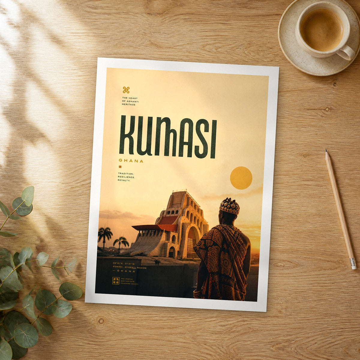 Unframed Kumasi bold typography travel poster on a wooden table