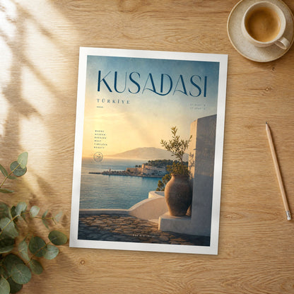 Unframed Kusadasi bold typography travel poster on a wooden table
