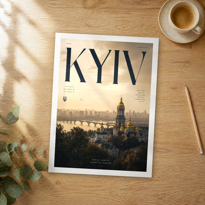 Unframed Kyiv bold typography travel poster on a wooden table