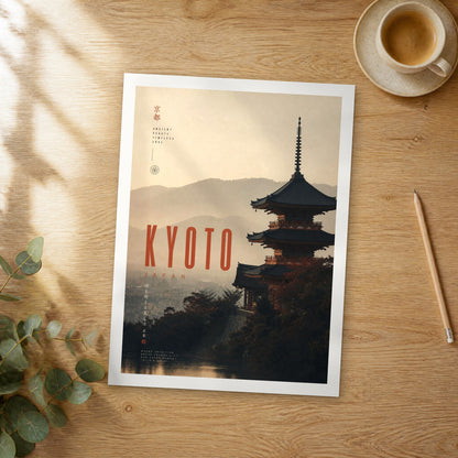 Unframed Kyoto bold typography travel poster on a wooden table