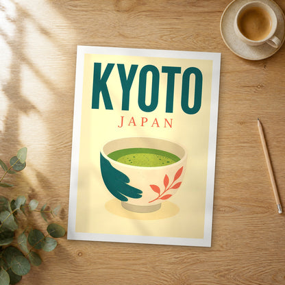 Unframed Kyoto pop art travel poster on a wooden table