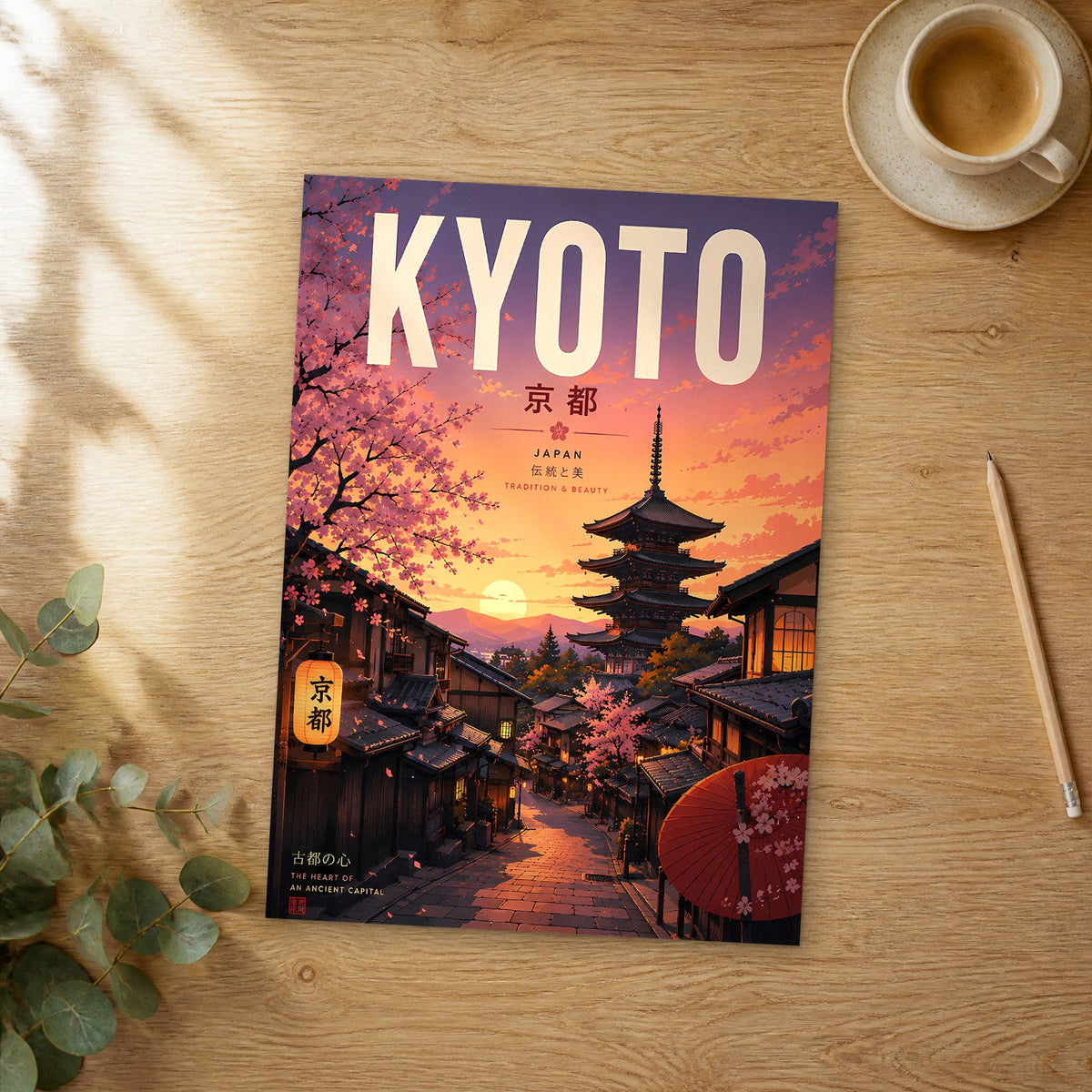 Unframed Kyoto retro travel poster on a wooden table