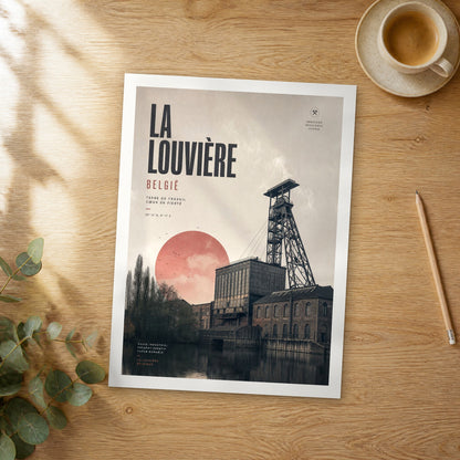 Unframed La Louvière bold typography travel poster on a wooden table