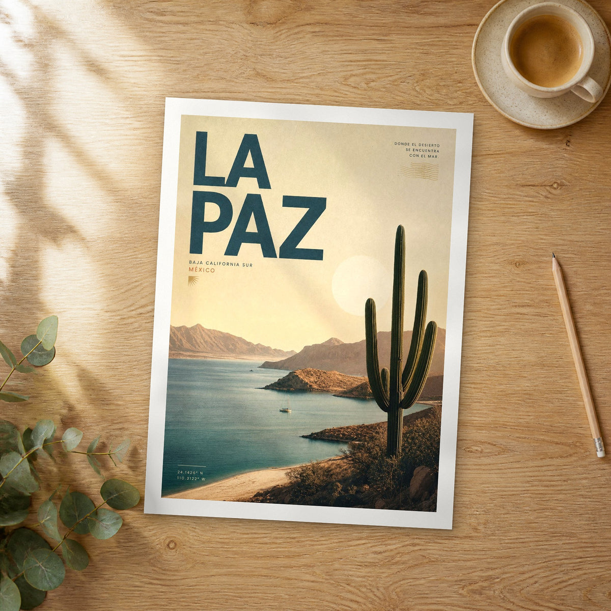 Unframed La Paz bold typography travel poster on a wooden table
