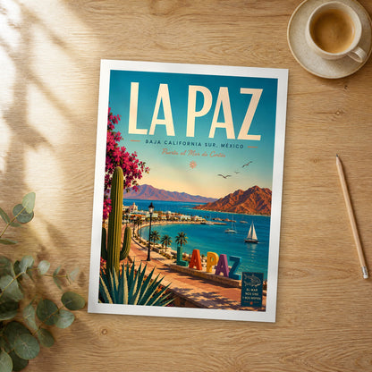 Unframed La Paz retro travel poster on a wooden table