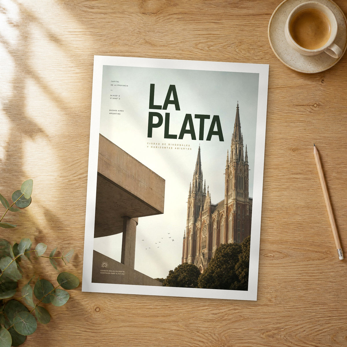 Unframed La Plata bold typography travel poster on a wooden table