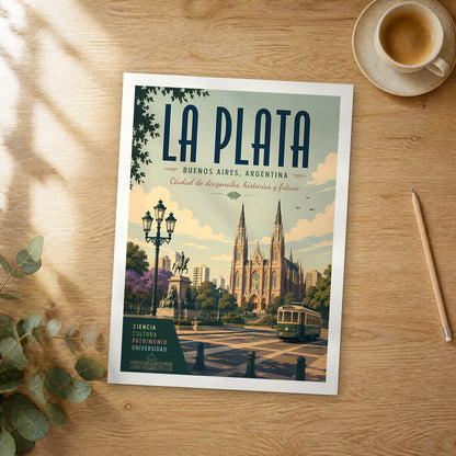 Unframed La Plata retro travel poster on a wooden table