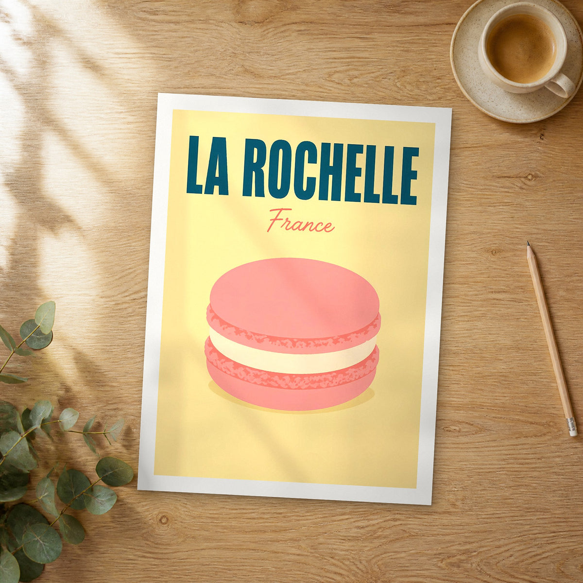 Unframed La Rochelle pop art travel poster on a wooden table
