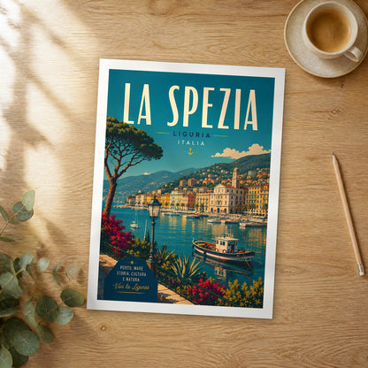Unframed La Spezia retro travel poster on a wooden table