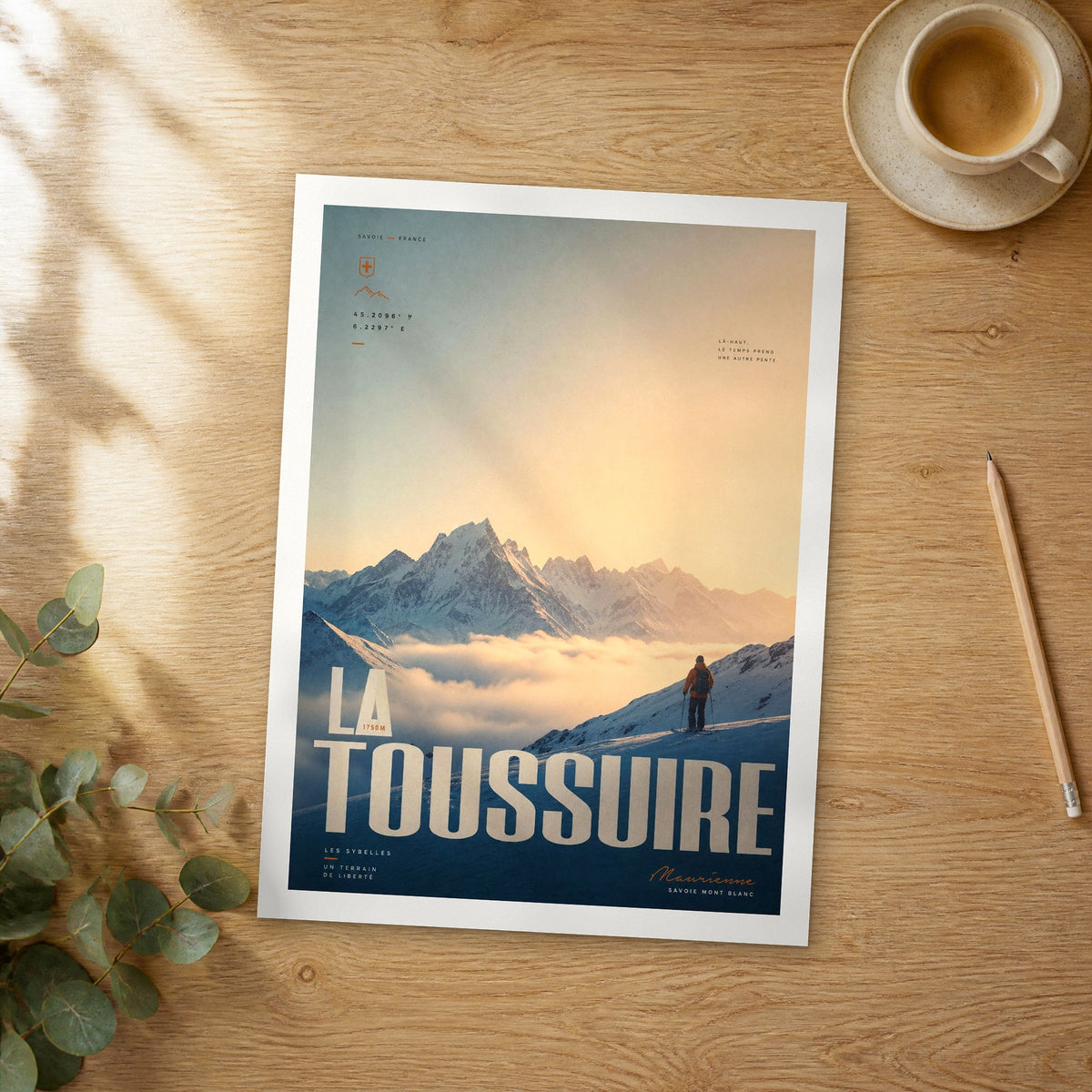 Unframed La toussure bold typography travel poster on a wooden table