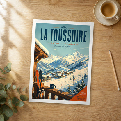 Unframed La toussure retro travel poster on a wooden table