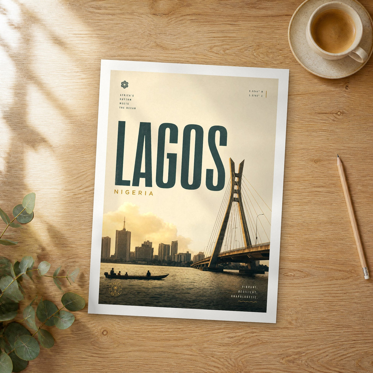Unframed Lagos bold typography travel poster on a wooden table