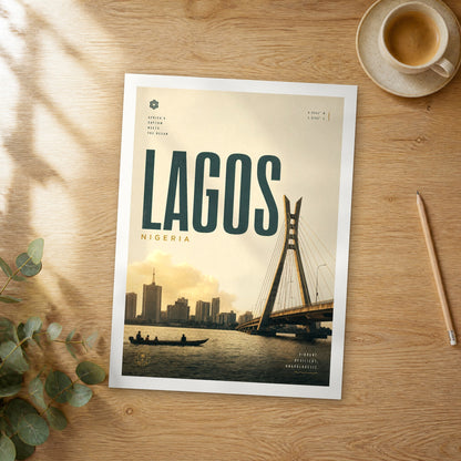 Unframed Lagos bold typography travel poster on a wooden table