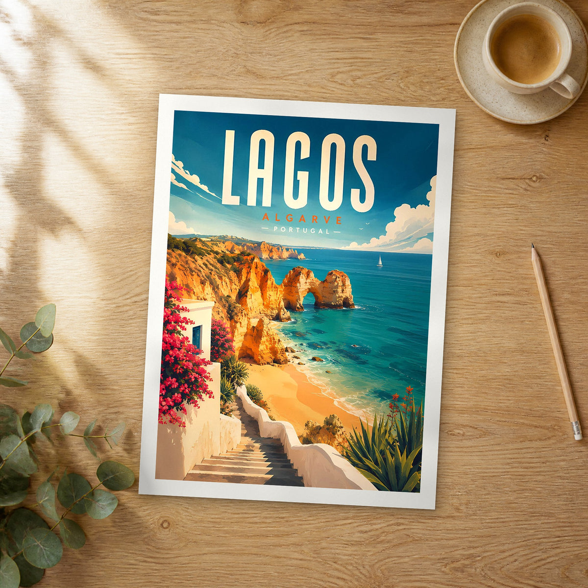 Unframed Lagos retro travel poster on a wooden table
