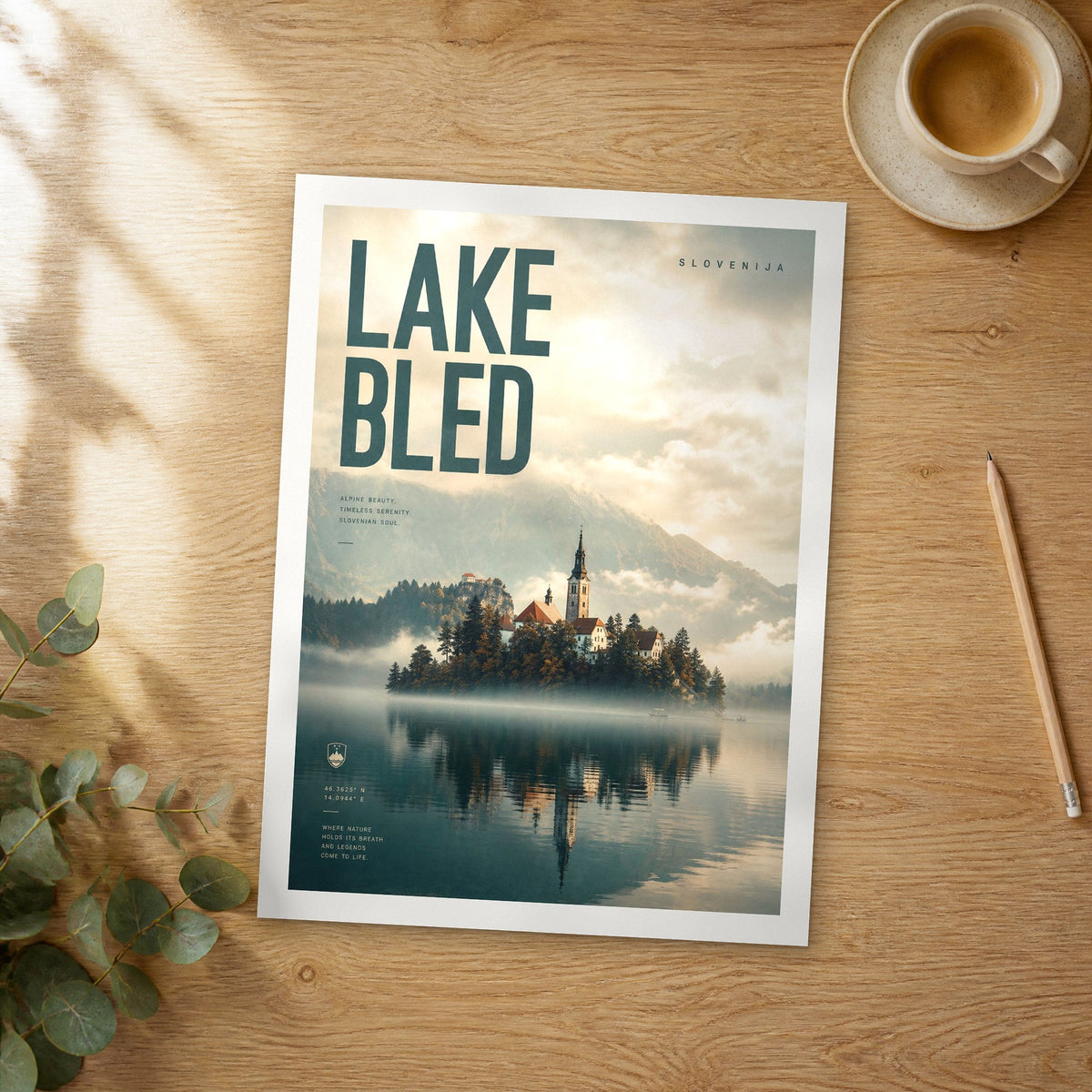 Unframed Lake Bled bold typography travel poster on a wooden table