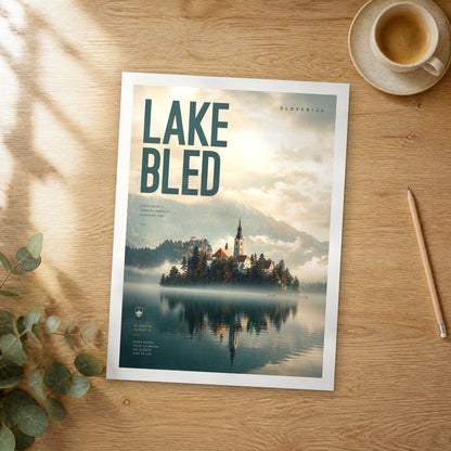 Unframed Lake Bled bold typography travel poster on a wooden table