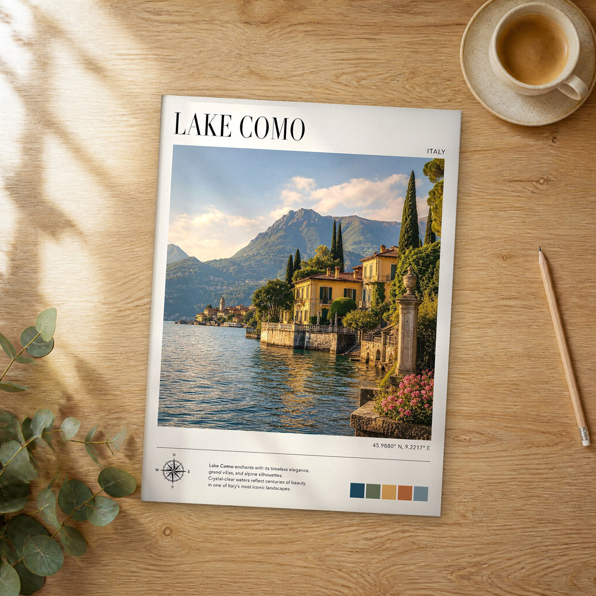 Unframed Lake Como modern photography travel poster on a wooden table