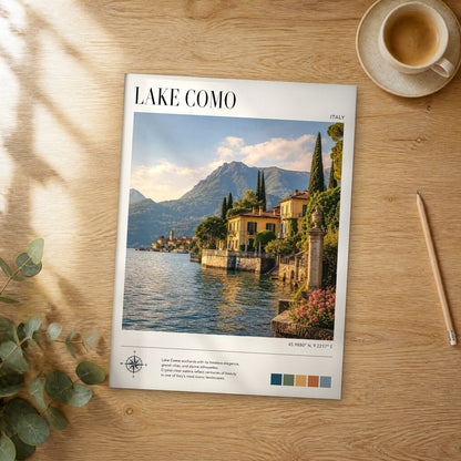 Unframed Lake Como modern photography travel poster on a wooden table