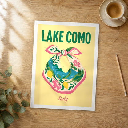 Unframed Lake Como pop art travel poster on a wooden table