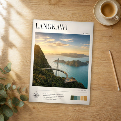 Unframed Langkawi modern photography travel poster on a wooden table