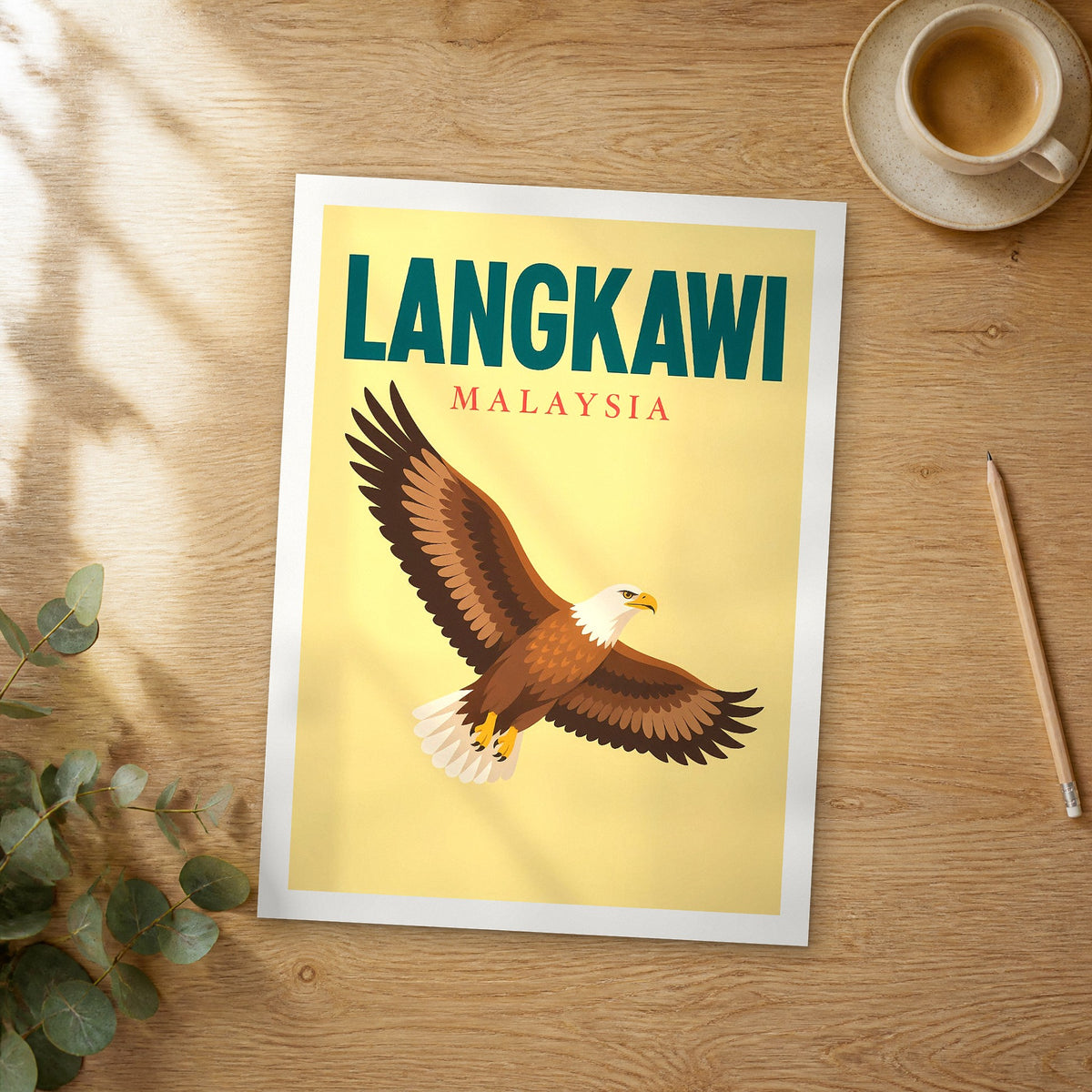 Unframed Langkawi pop art travel poster on a wooden table