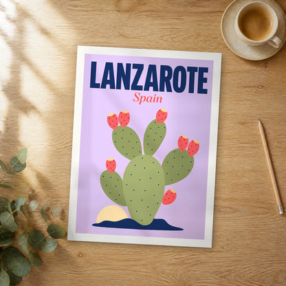 Unframed Lanzarote pop art travel poster on a wooden table