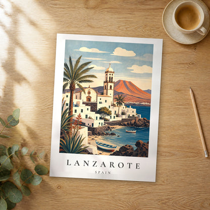 Unframed Lanzarote vintage travel poster on a wooden table