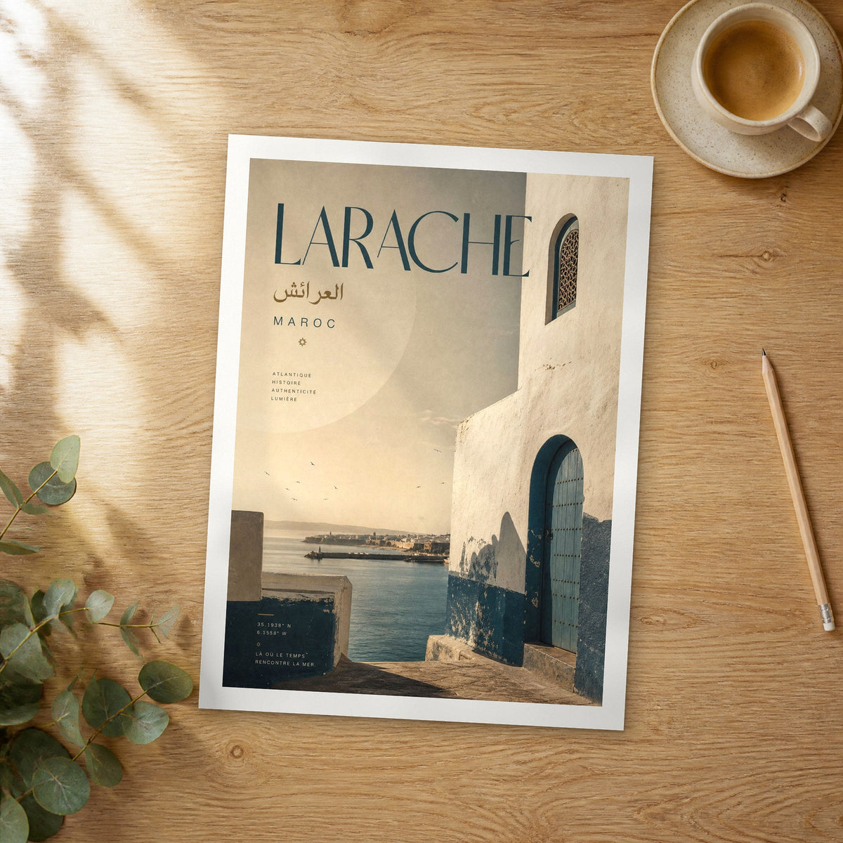Unframed Larache bold typography travel poster on a wooden table