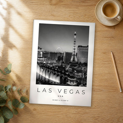 Unframed Las Vegas black and white travel poster on a wooden table