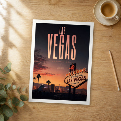 Unframed Las Vegas bold typography travel poster on a wooden table