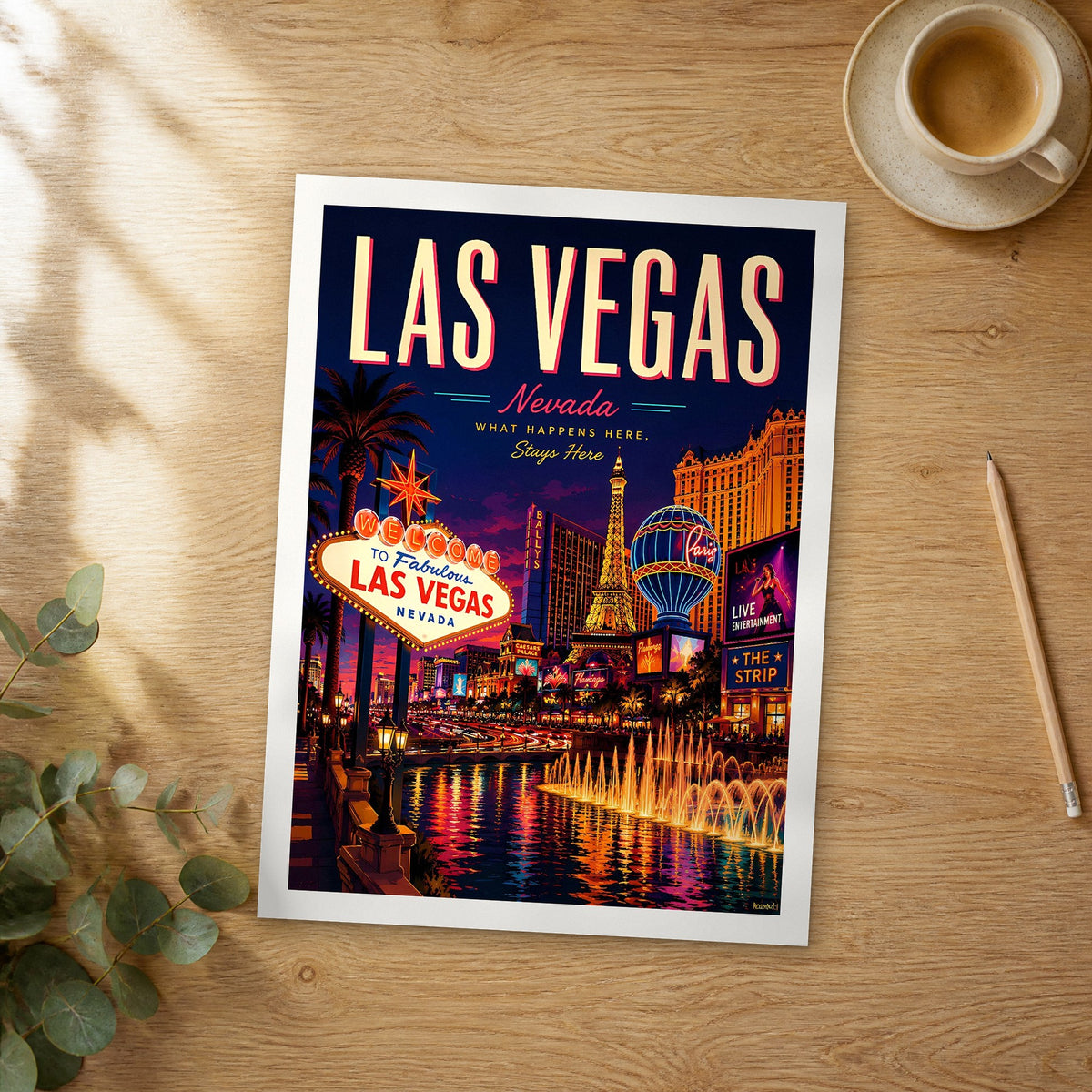 Unframed Las Vegas retro travel poster on a wooden table