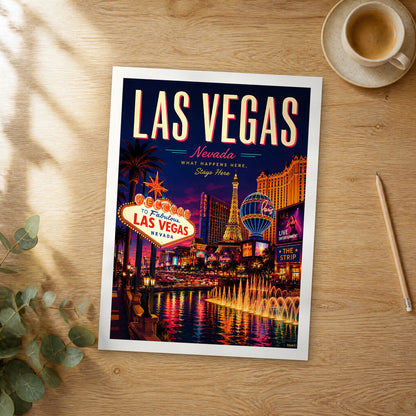Unframed Las Vegas retro travel poster on a wooden table