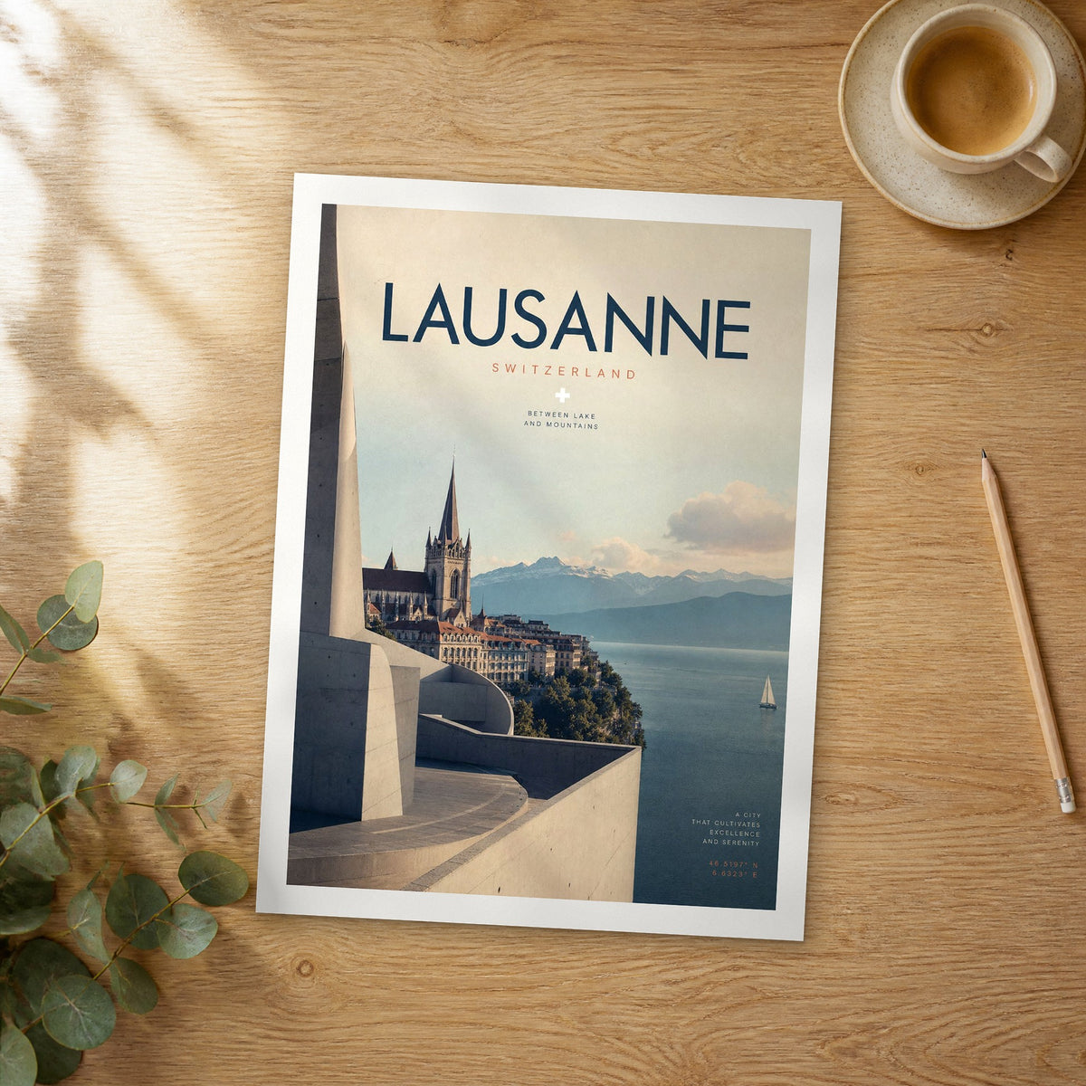 Unframed Lausanne bold typography travel poster on a wooden table