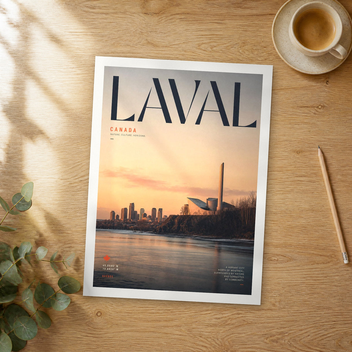 Unframed Laval bold typography travel poster on a wooden table