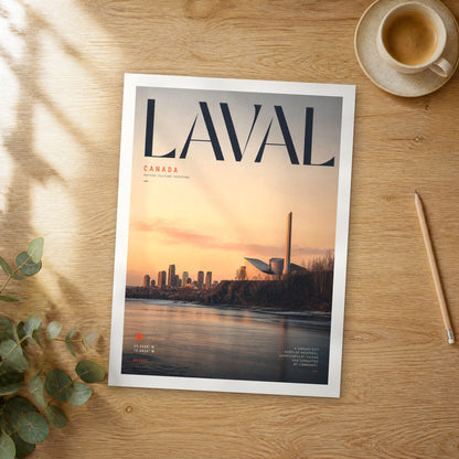 Unframed Laval bold typography travel poster on a wooden table