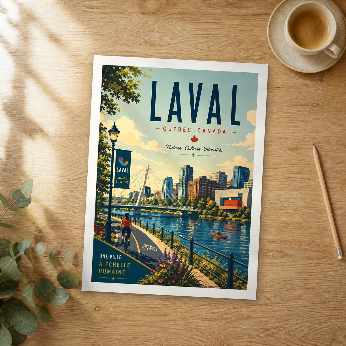 Unframed Laval retro travel poster on a wooden table