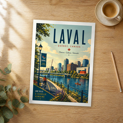Unframed Laval retro travel poster on a wooden table