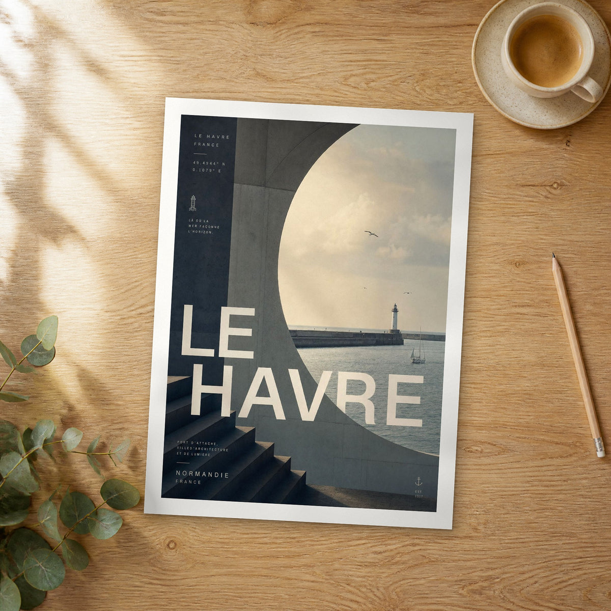 Unframed Le Havre bold typography travel poster on a wooden table