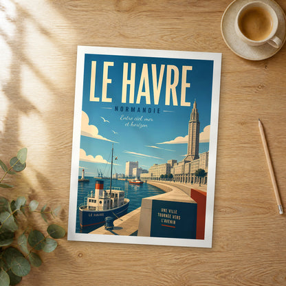 Unframed Le Havre retro travel poster on a wooden table
