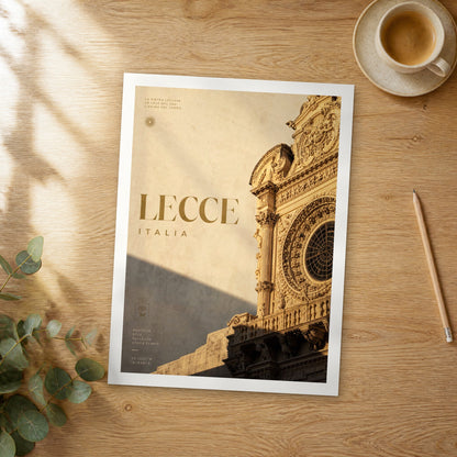 Unframed Lecce Basilica di Santa Croce bold typography travel poster on a wooden table