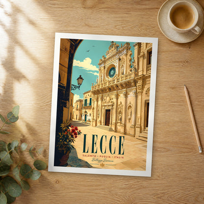 Unframed Lecce Basilica of Santa Croce retro travel poster on a wooden table