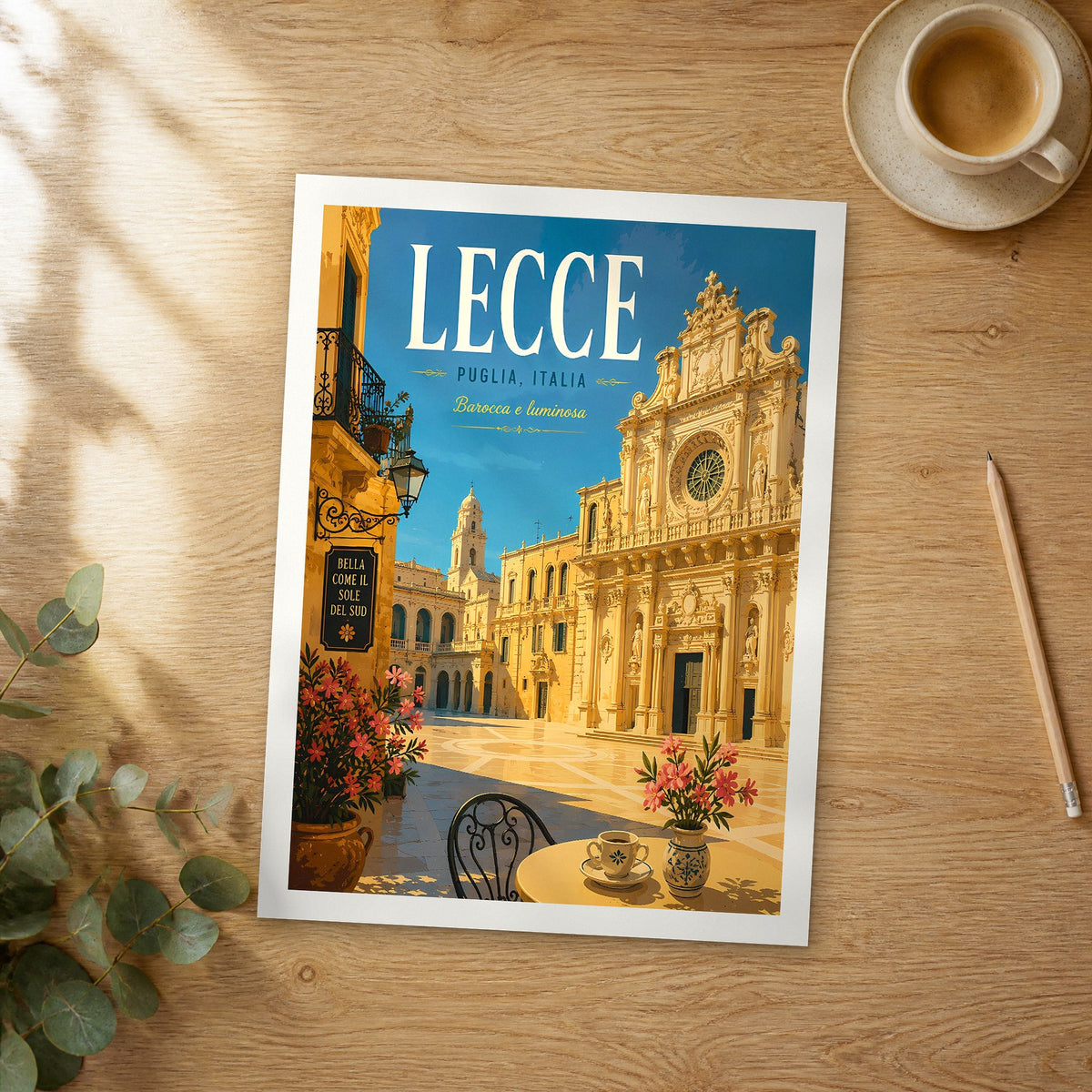 Unframed Lecce Piazza Café View retro travel poster on a wooden table